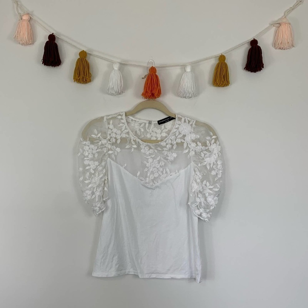 Generation Love Floral Lace Puff Sleeve White Tee Size XS